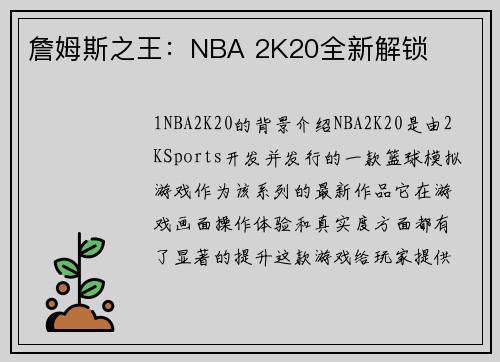 詹姆斯之王：NBA 2K20全新解锁