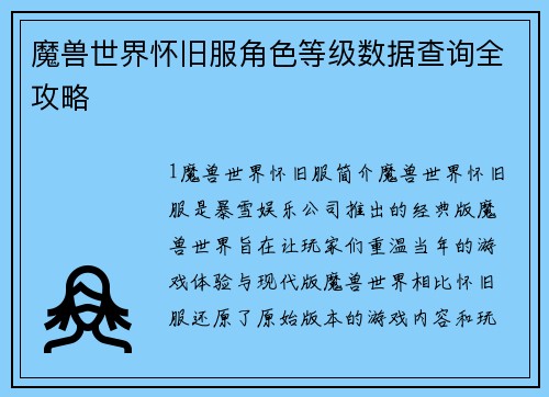 魔兽世界怀旧服角色等级数据查询全攻略