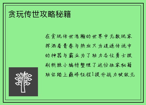 贪玩传世攻略秘籍